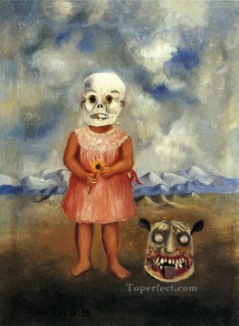 フリーダ・カーロ Painting - デスマスクをかぶった少女は一人で遊ぶ フェミニズム フリーダ・カーロ